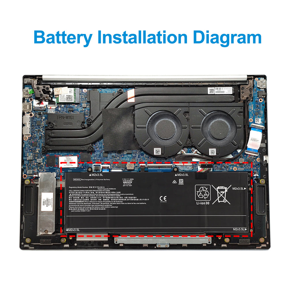 WE04XL battery installation diagram showing exact placement inside HP Pavilion Plus laptop with red outline guide