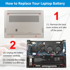 WE04XL battery replacement steps: remove back cover, unplug connector, unscrew 5 mounting points and lift out old battery