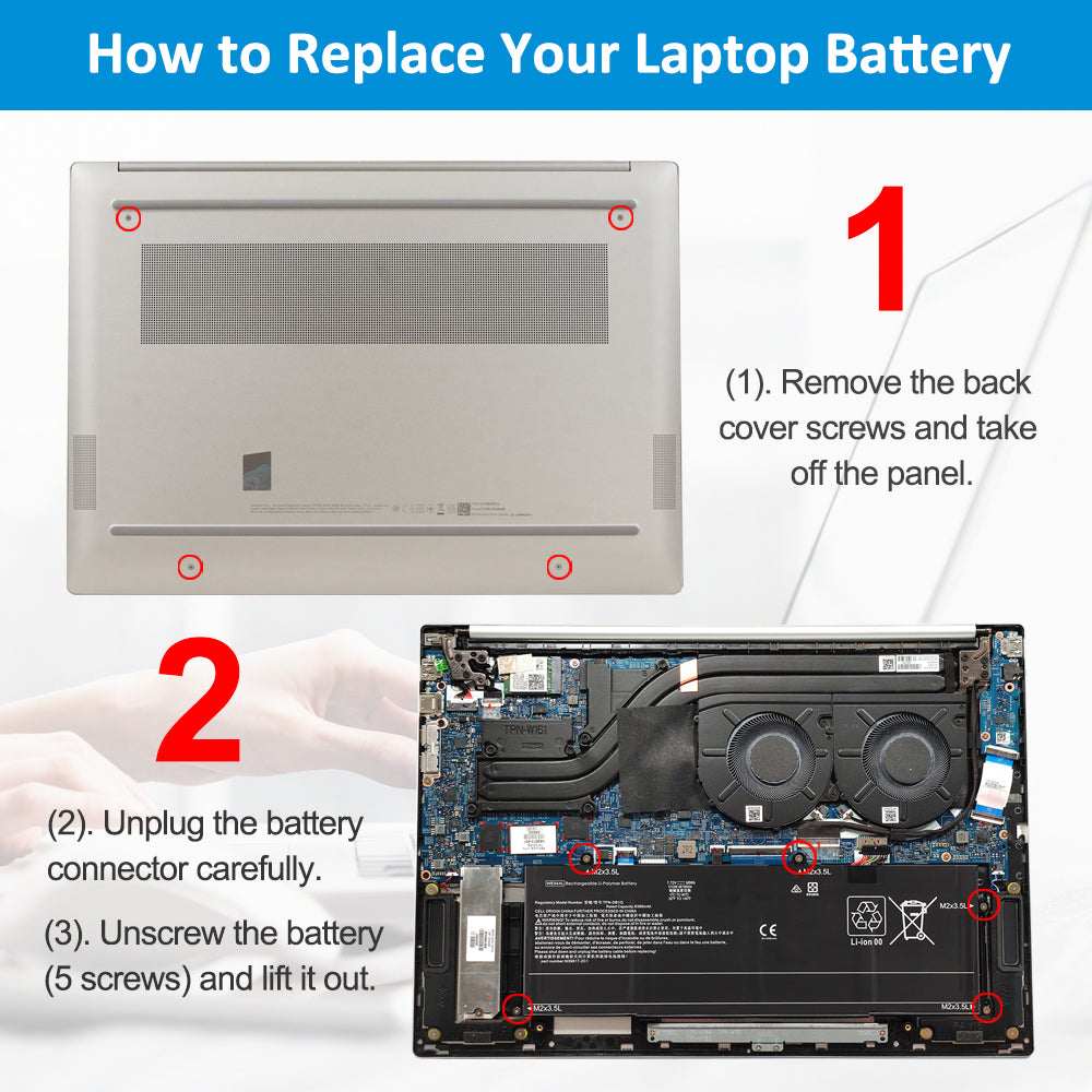 WE04XL battery replacement steps: remove back cover, unplug connector, unscrew 5 mounting points and lift out old battery