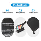 WF04XL battery details showing 7.7V 66.52Wh spec label, multi-pin connector interface and mounting buckle design