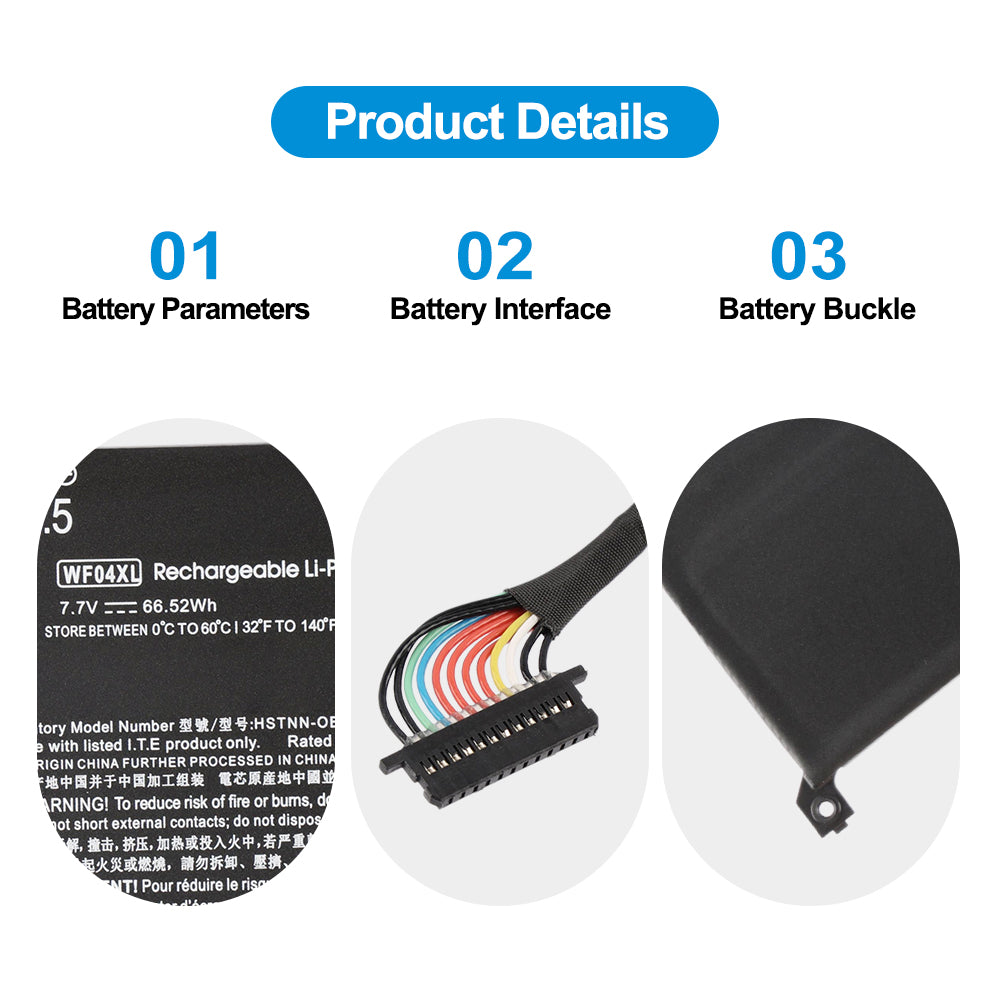 WF04XL battery details showing 7.7V 66.52Wh spec label, multi-pin connector interface and mounting buckle design