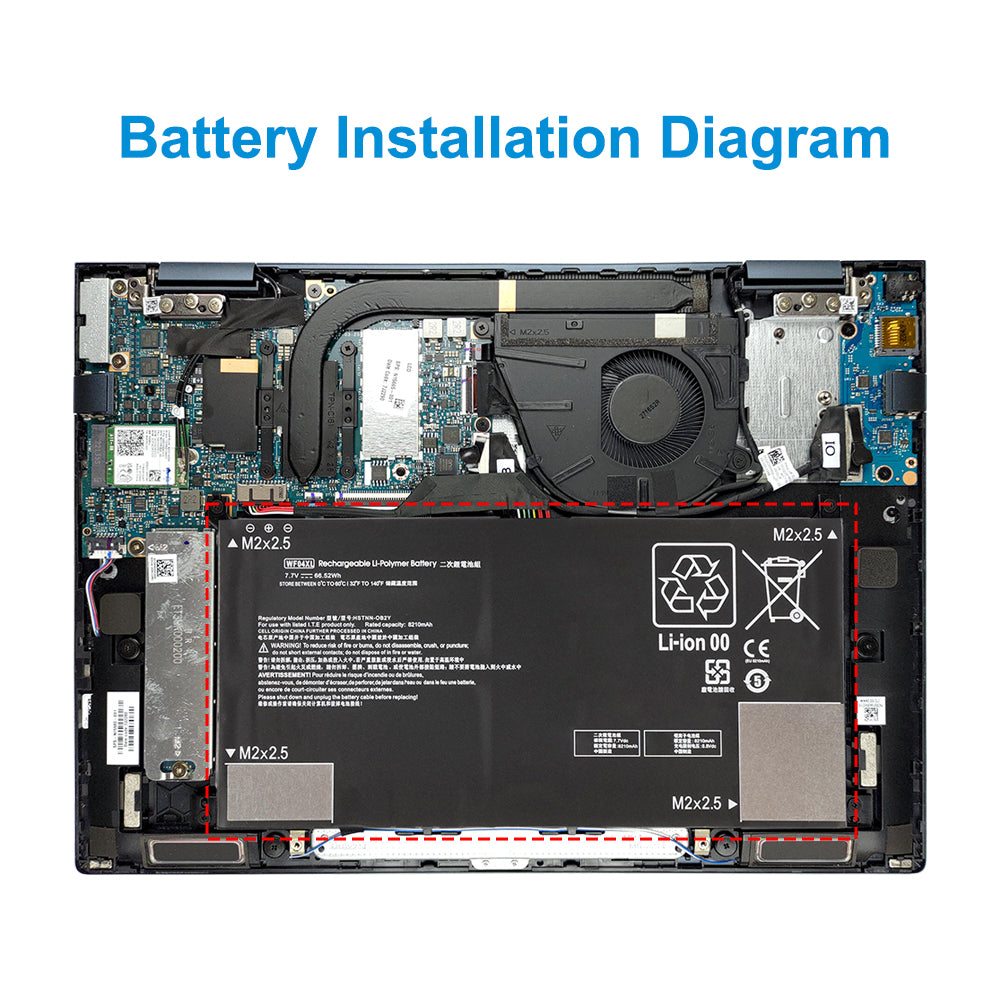 WF04XL battery installation diagram showing exact placement inside HP Envy 13 x360 laptop with red outline guide