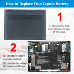 WF04XL battery replacement steps: remove back cover screws, unplug connector, unscrew 4 mounting points and lift out