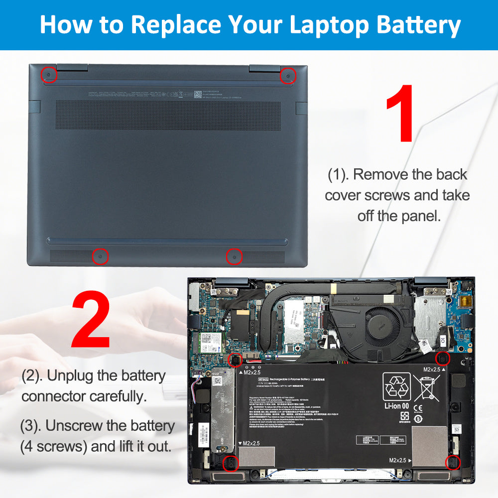 WF04XL battery replacement steps: remove back cover screws, unplug connector, unscrew 4 mounting points and lift out