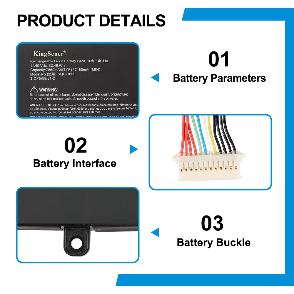 Hasee SQU-1609 replacement Li-ion laptop battery 11.49V 82.49Wh specs 14-pin interface with metal buckle