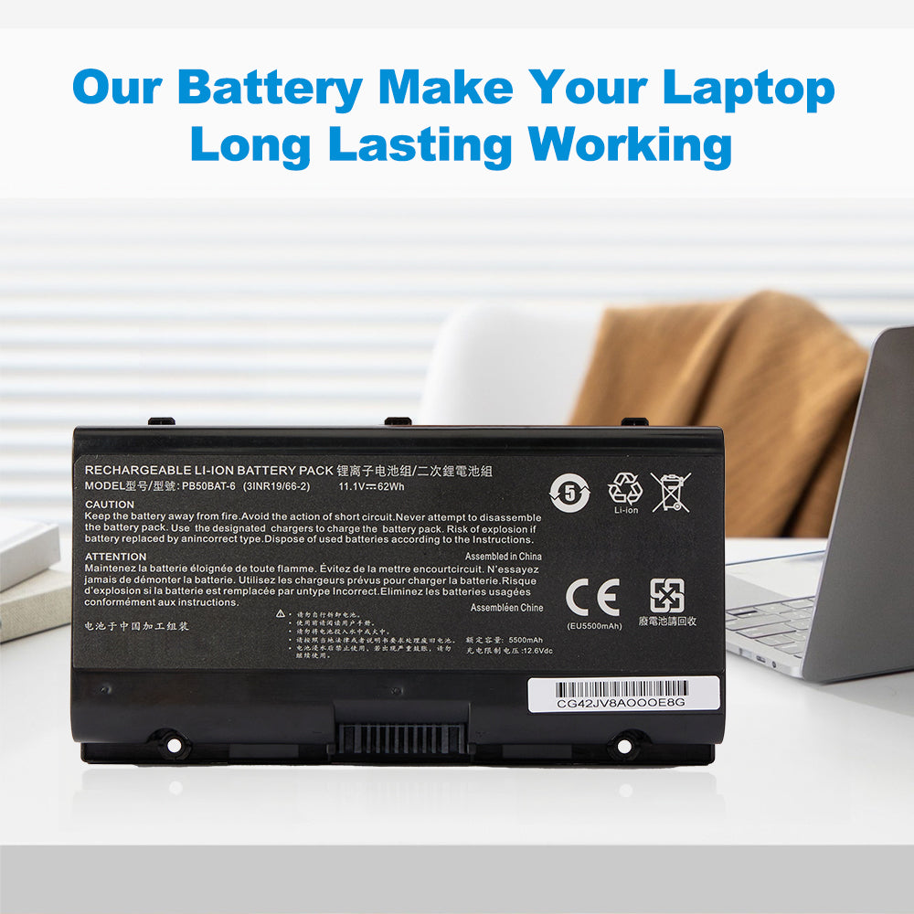 PB50BAT-6 11.1V 62Wh 5500mAh battery make Clevo gaming laptop long lasting working, 3INR19/66-2 6-cell reliable replacement for daily productivity