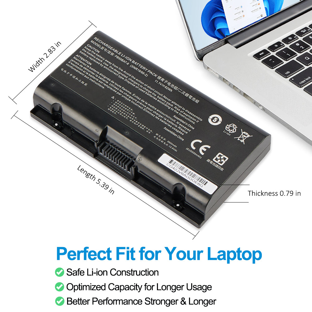 PB50BAT-6 battery perfect fit with dimensions 5.39in 3.78in 0.79in, safe Li-ion optimized capacity for Clevo 6-cell gaming laptop replacement