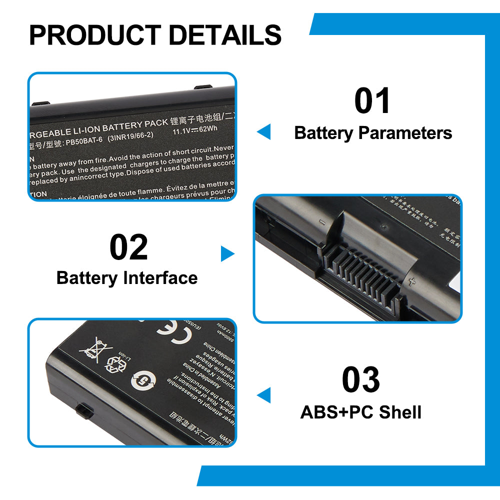 PB50BAT-6 product details: 11.1V 62Wh 3INR19/66-2 battery parameters, 9-pin interface connector, ABS+PC fireproof shell for Clevo gaming laptop