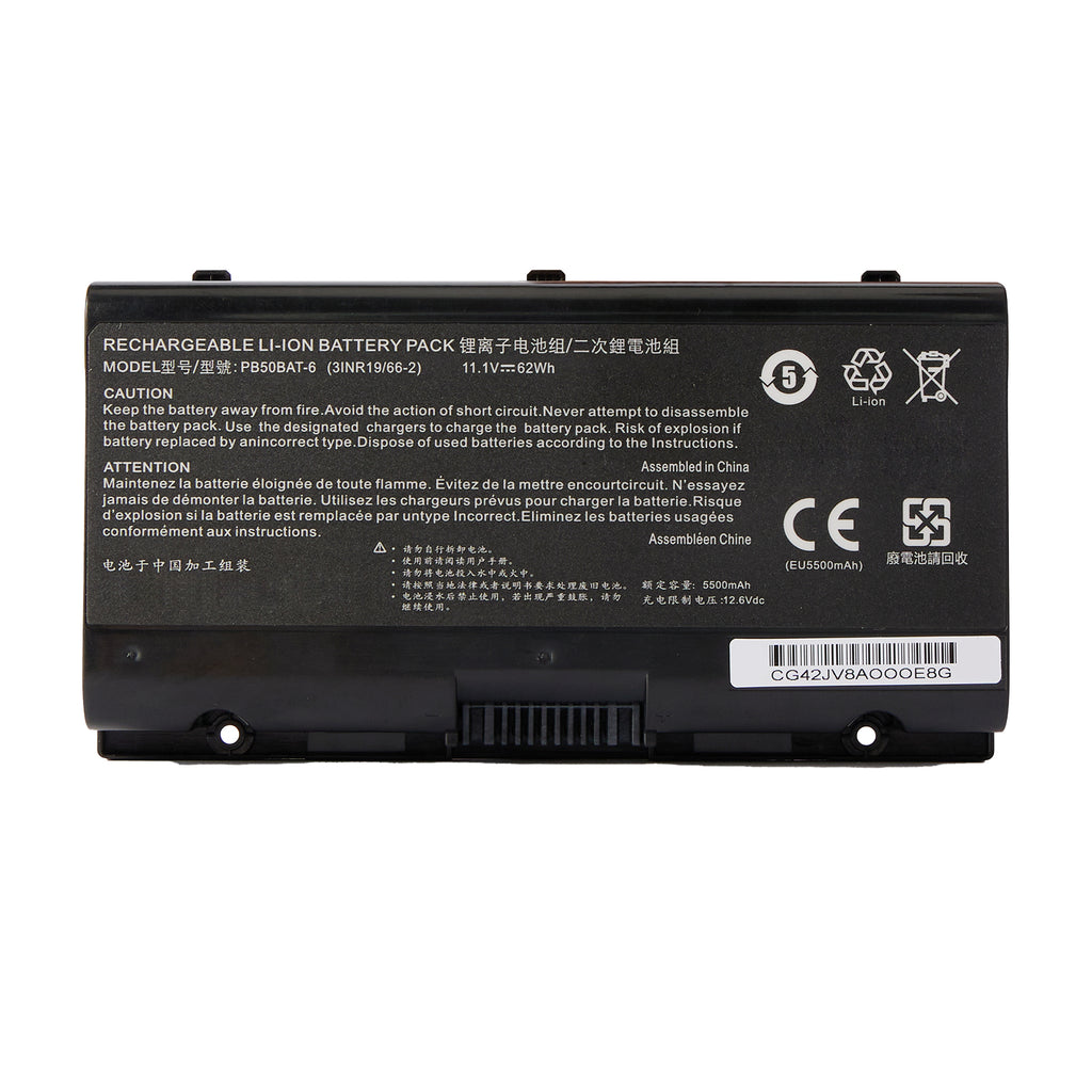 PB50BAT-6 11.1V 62Wh 5500mAh Clevo replacement battery white background hero shot, 3INR19/66-2 6-cell pack assembled in China for gaming laptops