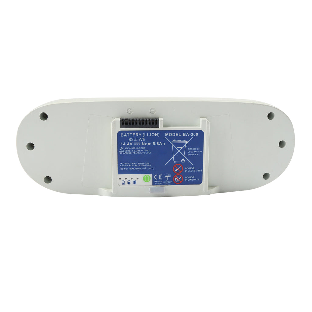 BA-300 14.4V 83.5Wh 5.8Ah Li-ion replacement battery for Inogen One G3 OxyGo, white shell with blue label, white background