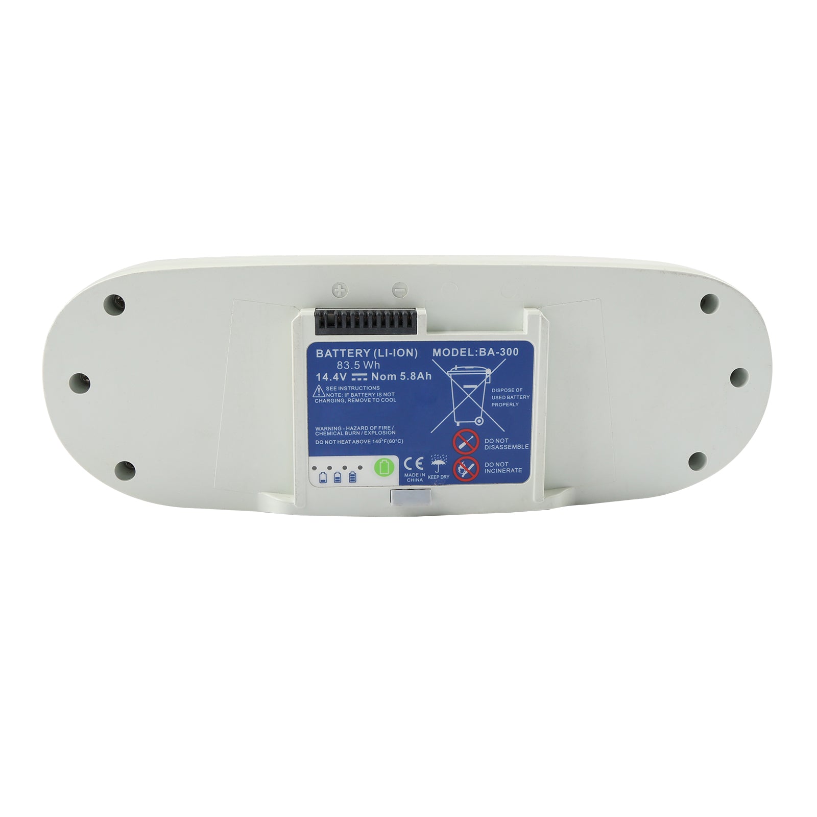 BA-300 14.4V 83.5Wh 5.8Ah Li-ion replacement battery for Inogen One G3 OxyGo, white shell with blue label, white background