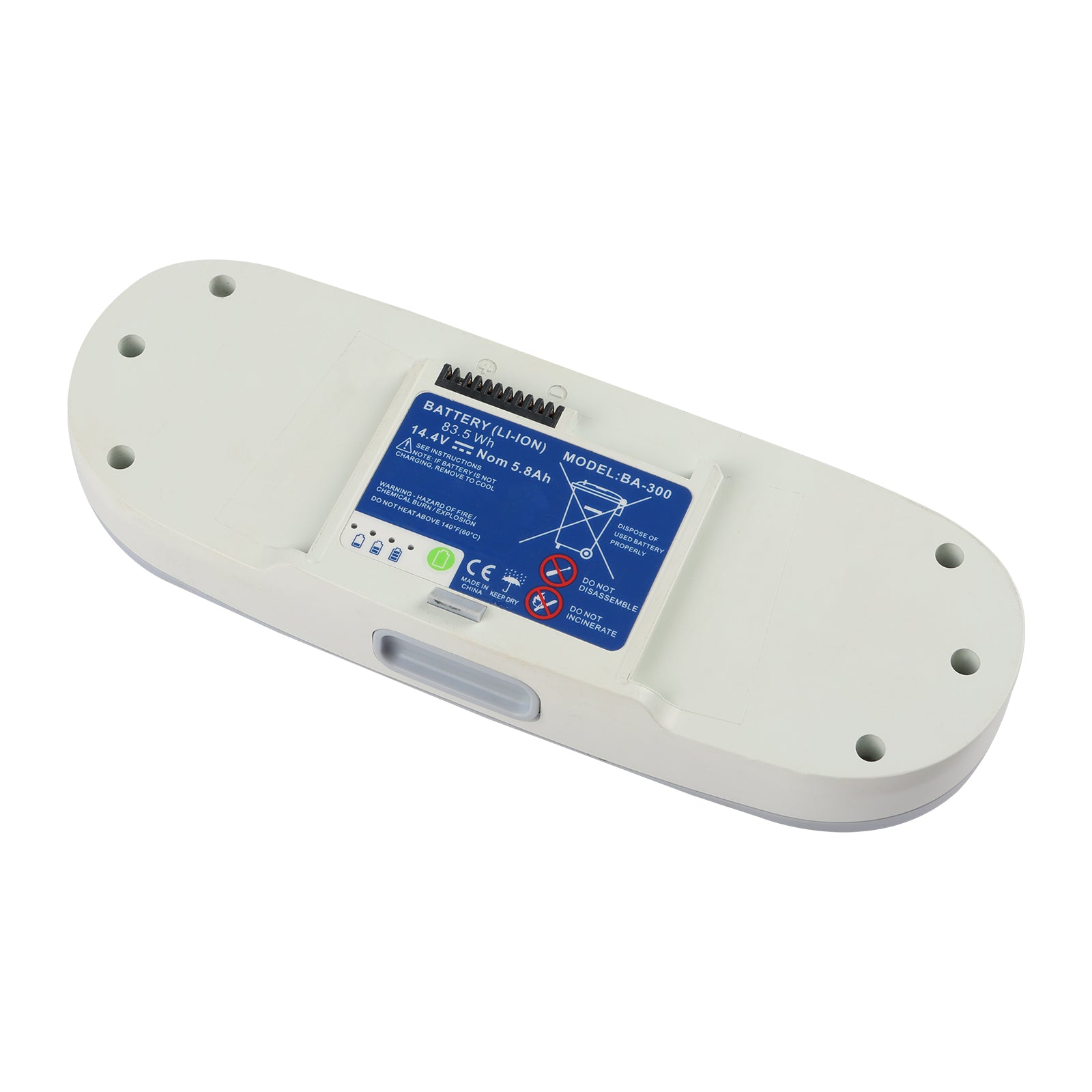 BA-300 replacement battery for Inogen One G3 OxyGo, 14.4V 83.5Wh 5.8Ah Li-ion white shell with blue label showing specs and safety warnings on clean white background