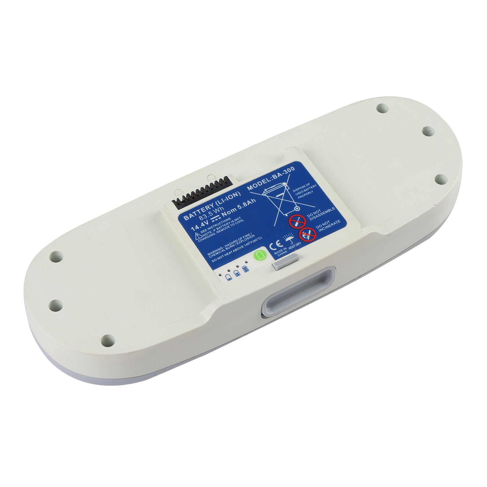 BA-300 replacement battery for Inogen One G3 OxyGo, 14.4V 83.5Wh 5.8Ah Li-ion white shell with blue label showing specs and safety warnings on clean white background