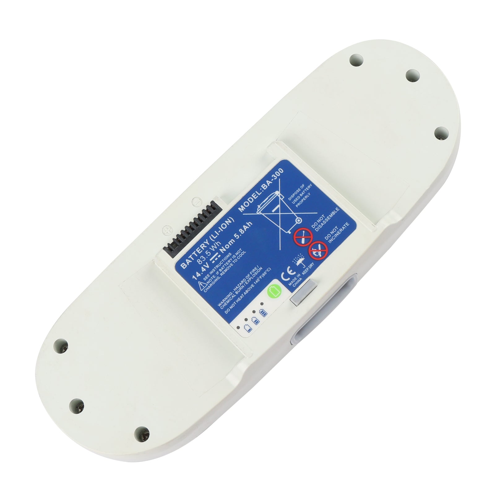 BA-300 replacement battery for Inogen One G3 OxyGo, 14.4V 83.5Wh 5.8Ah Li-ion white shell with blue label showing specs and safety warnings on clean white background