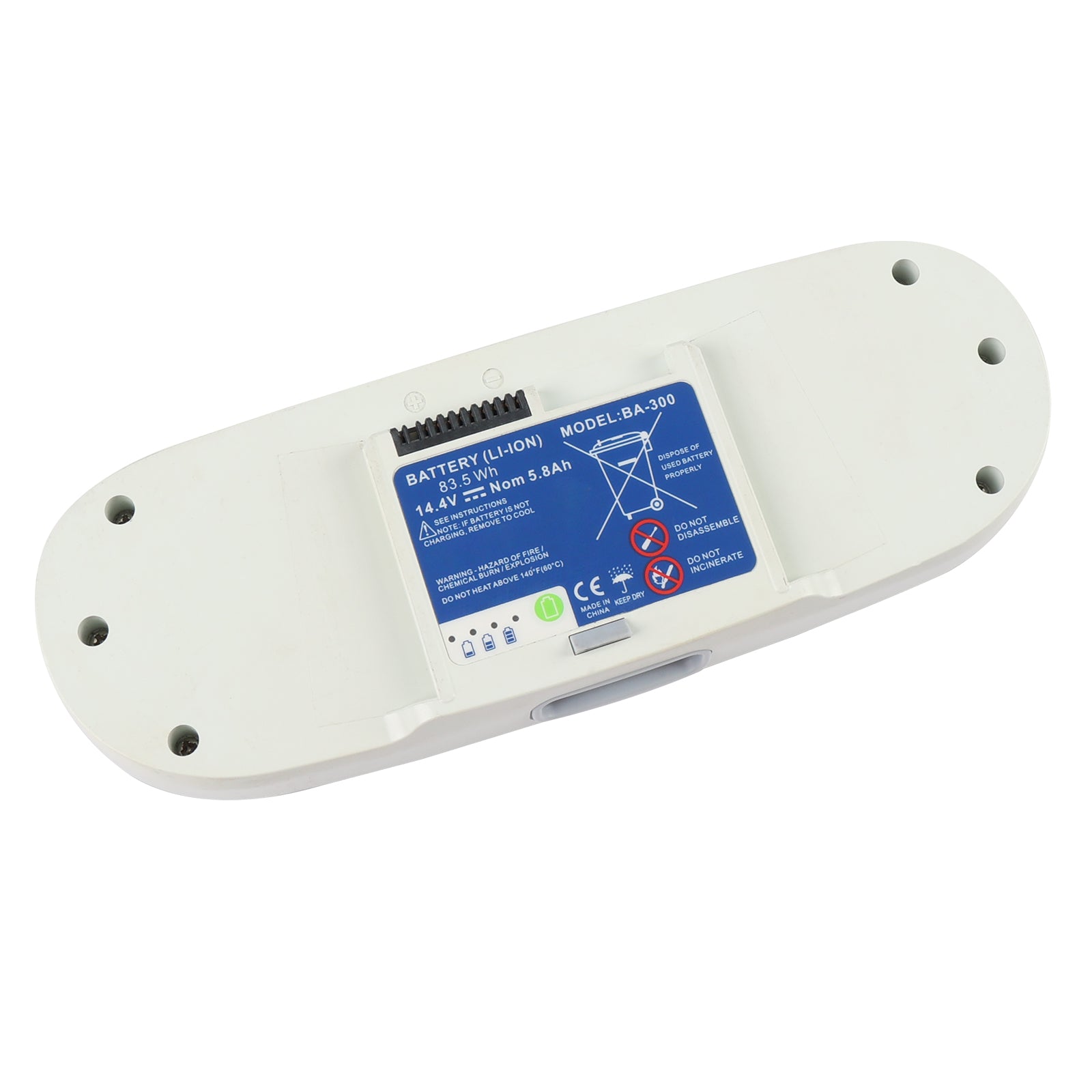 BA-300 replacement battery for Inogen One G3 OxyGo, 14.4V 83.5Wh 5.8Ah Li-ion white shell with blue label showing specs and safety warnings on clean white background