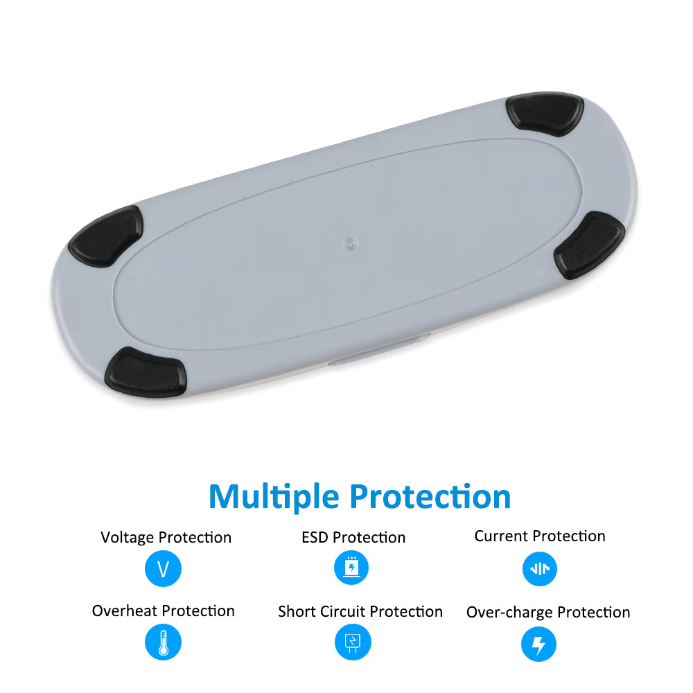 BA-300 battery back cover showing gray surface with black anti-slip pads at corners, featuring six protection systems including voltage ESD current overheat short circuit and overcharge safety