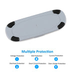 BA-300 battery back cover showing gray surface with black anti-slip pads at corners, featuring six protection systems including voltage ESD current overheat short circuit and overcharge safety