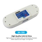 BA-300 replacement battery front angle view displaying blue specification label with KingSener branding, 14.4V 83.5Wh 5.8Ah high quality Li-ion cells made in China for stable performance