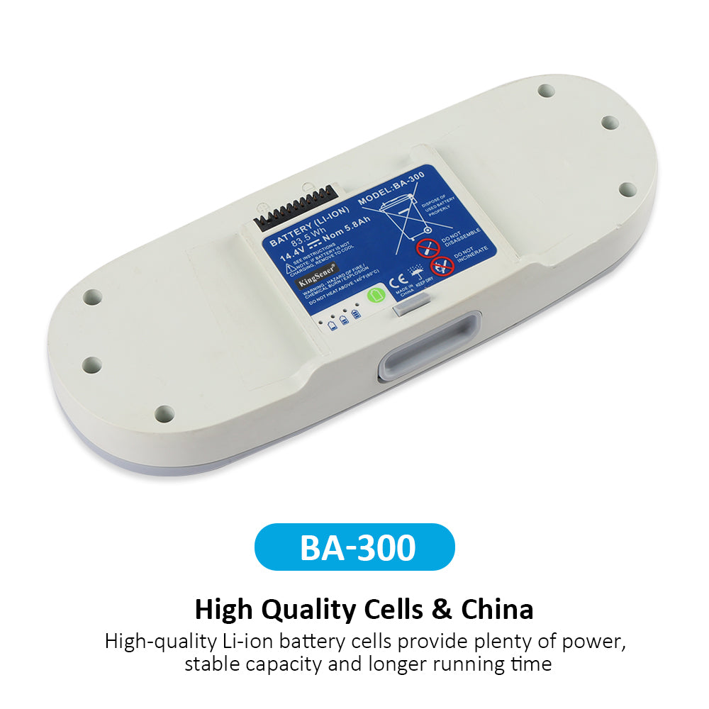 BA-300 replacement battery front angle view displaying blue specification label with KingSener branding, 14.4V 83.5Wh 5.8Ah high quality Li-ion cells made in China for stable performance