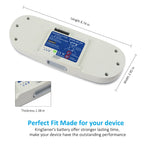 BA-300 battery dimension diagram showing length 8.74 inches width 2.95 inches thickness 1.38 inches with connector detail inset, designed for perfect fit in Inogen One G3 OxyGo devices