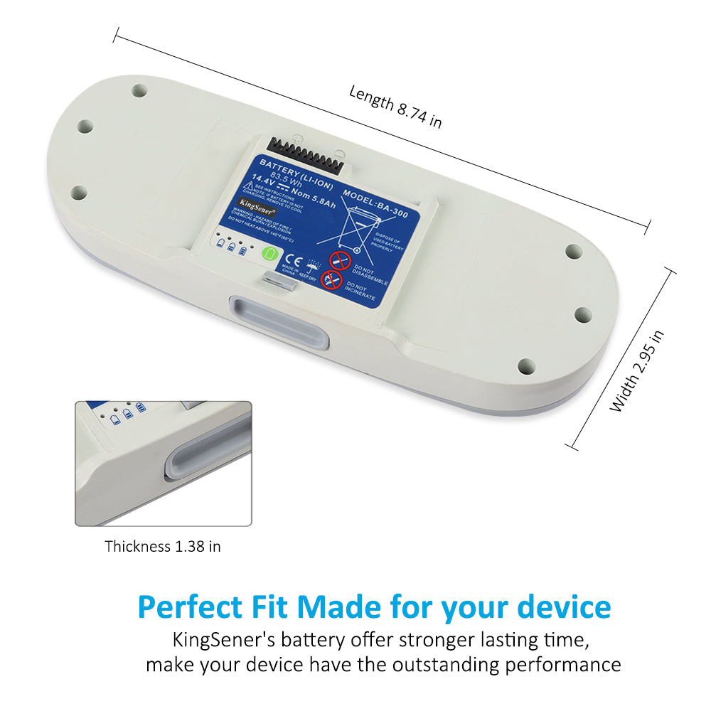 BA-300 battery dimension diagram showing length 8.74 inches width 2.95 inches thickness 1.38 inches with connector detail inset, designed for perfect fit in Inogen One G3 OxyGo devices