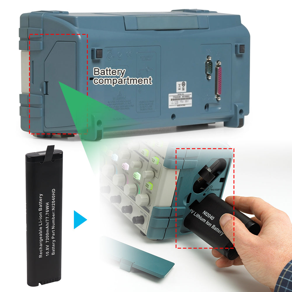 NI2040HD 7200mAh battery installation diagram showing how to insert NI2040 10.8V Li-ion battery into device battery compartment with hand inserting battery into slot