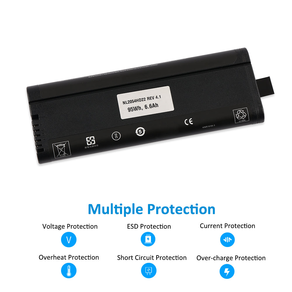 Rear view of KingSener NL2054 battery with six safety protections: voltage, ESD, current, overheat, short circuit, overcharge.