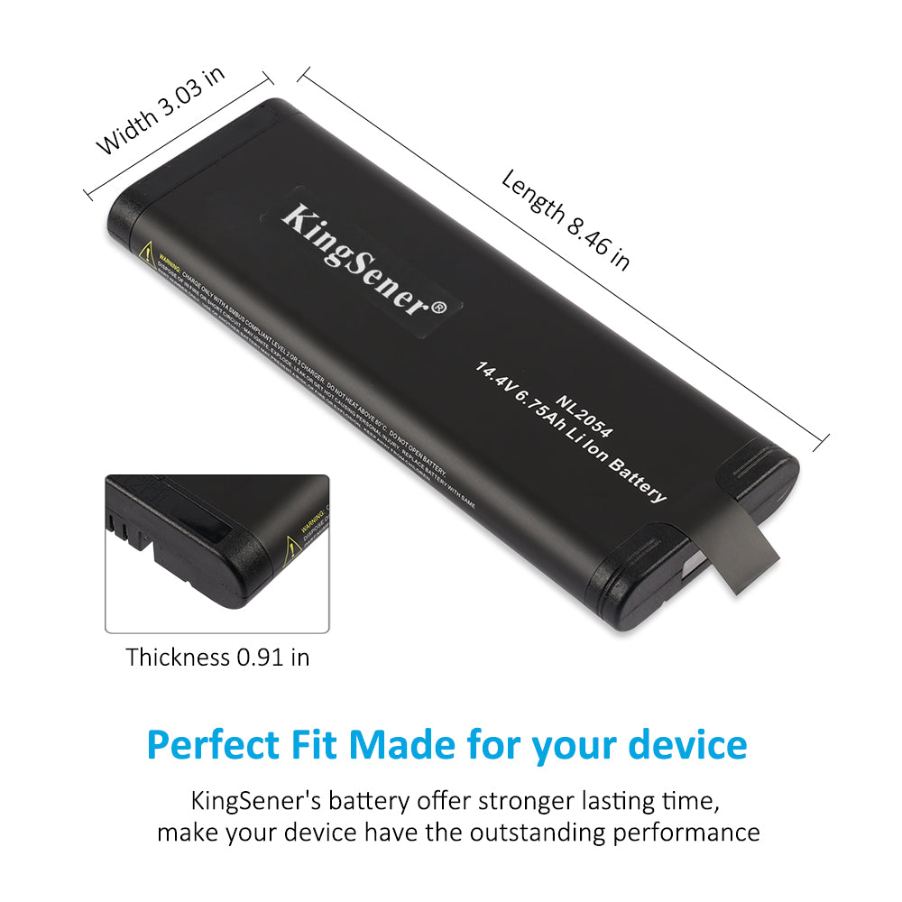 KingSener NL2054 battery shown with dimensions labeled length 8.46 in, width 3.03 in, thickness 0.91 in for perfect fit.