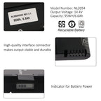 NL2054 specification label, high-quality interface connector, and battery power indicator close-up details.