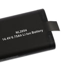 Close-up of KingSener NL2054 battery showing model label NL2054, 14.4V 6.75Ah Li-Ion specifications.