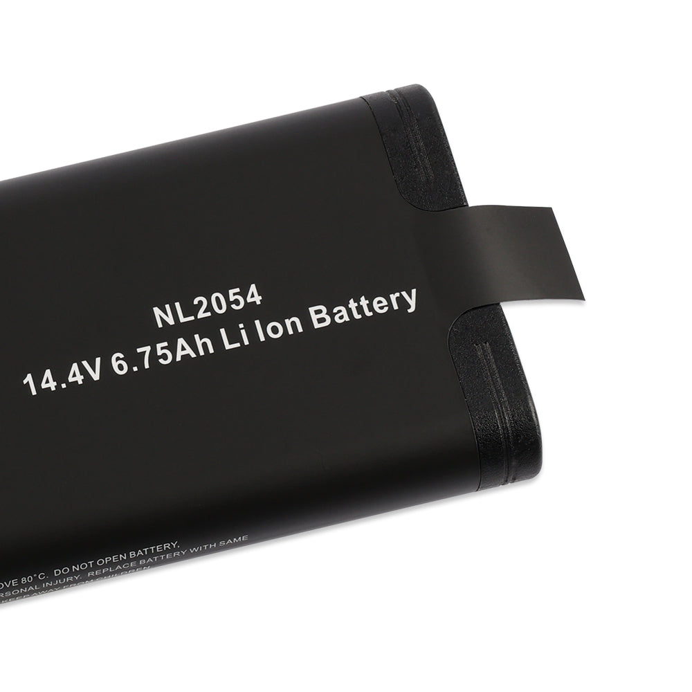 Close-up of KingSener NL2054 battery showing model label NL2054, 14.4V 6.75Ah Li-Ion specifications.