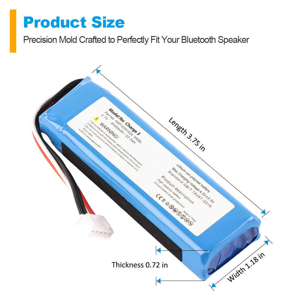 Replacement Li-ion Battery for JBL Charge 3 Speaker GSP1029102A 330SL - Product Size