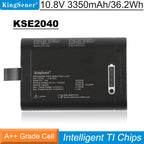 KSE2040 standard battery pack (3S1P) for coordinate measuring instruments, 10.80V 3.35Ah 36.20Wh, top view showing LED battery meter and KingSener branding