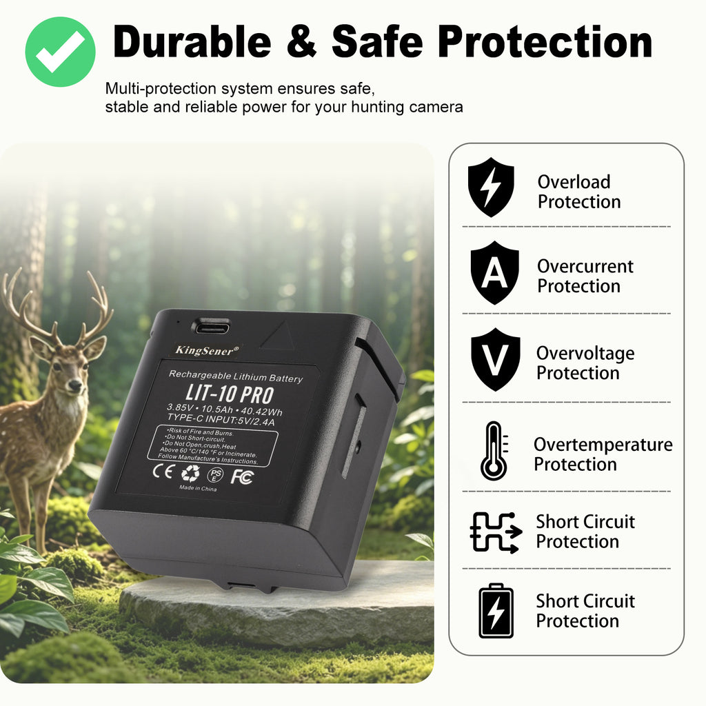 LIT-10 Pro hunting camera battery with five-layer safety protection: overload, overcurrent, overvoltage, overtemperature, short circuit defense