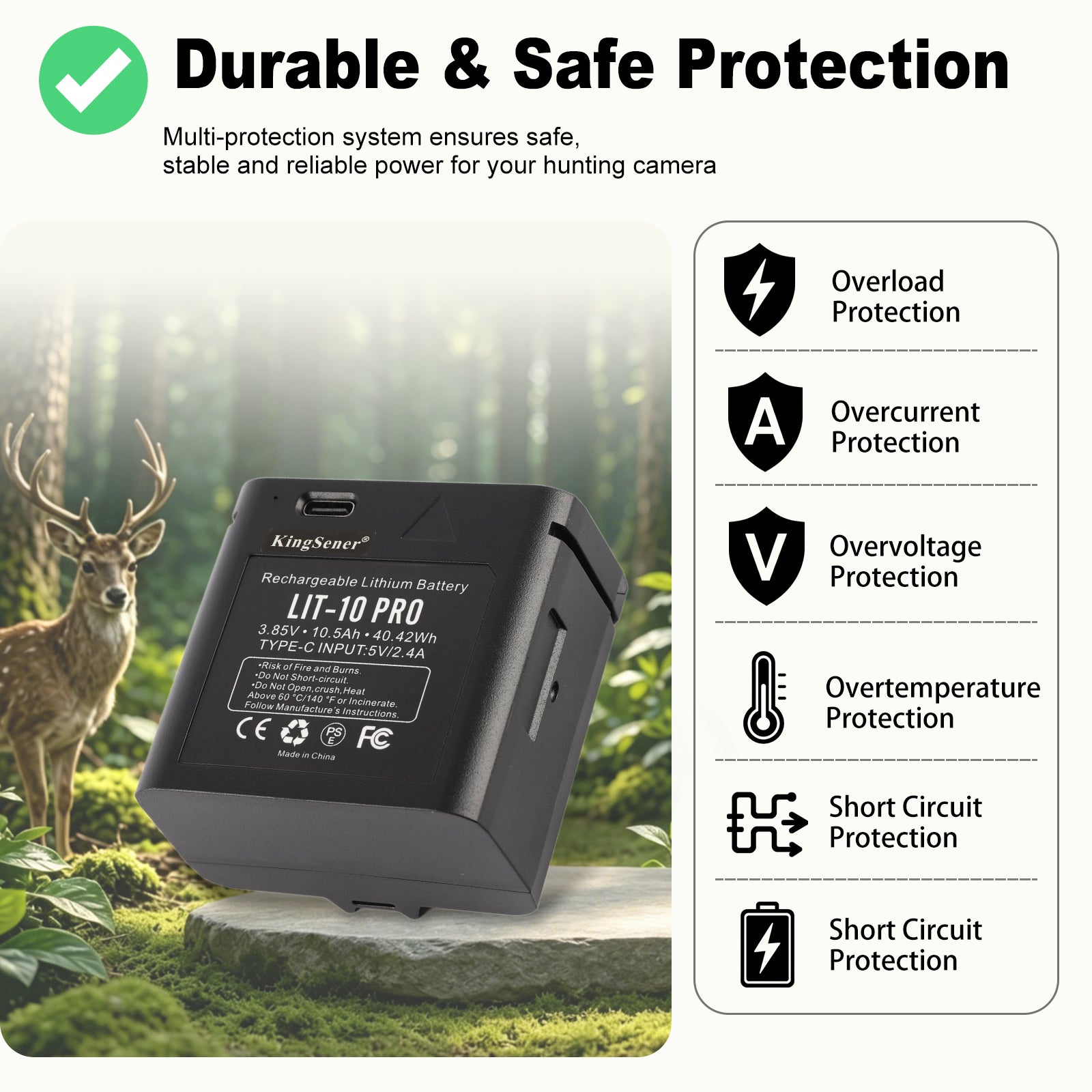 LIT-10 Pro hunting camera battery with five-layer safety protection: overload, overcurrent, overvoltage, overtemperature, short circuit defense