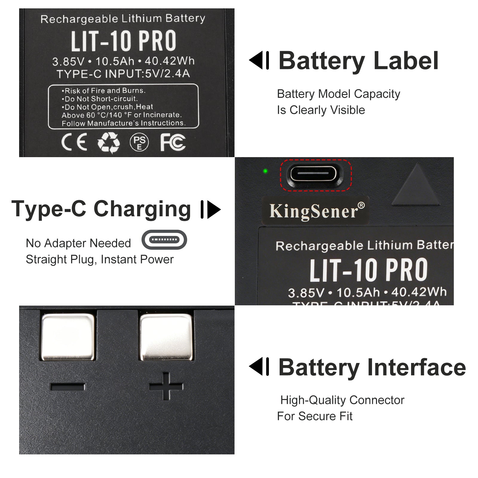 LIT-10 Pro details: clear specs label, Type-C charging port no adapter needed, high-quality metal connector interface for secure fit