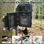 LIT-10 Pro installed in hunting trail camera, supports multiple charging options via car charger power bank laptop or wall plug