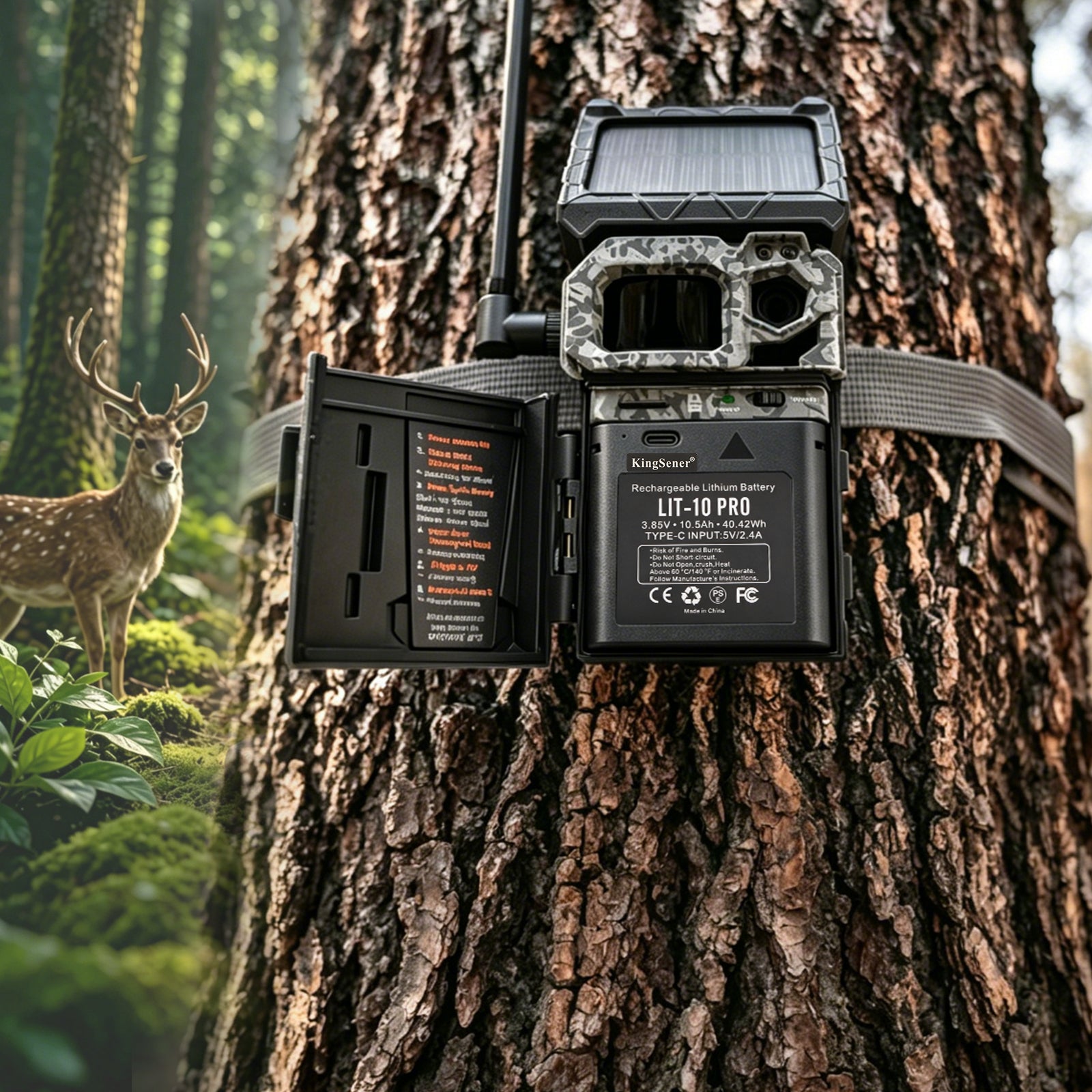 LIT-10 Pro battery installed in solar-powered hunting trail camera on tree trunk, real-world outdoor wildlife monitoring setup