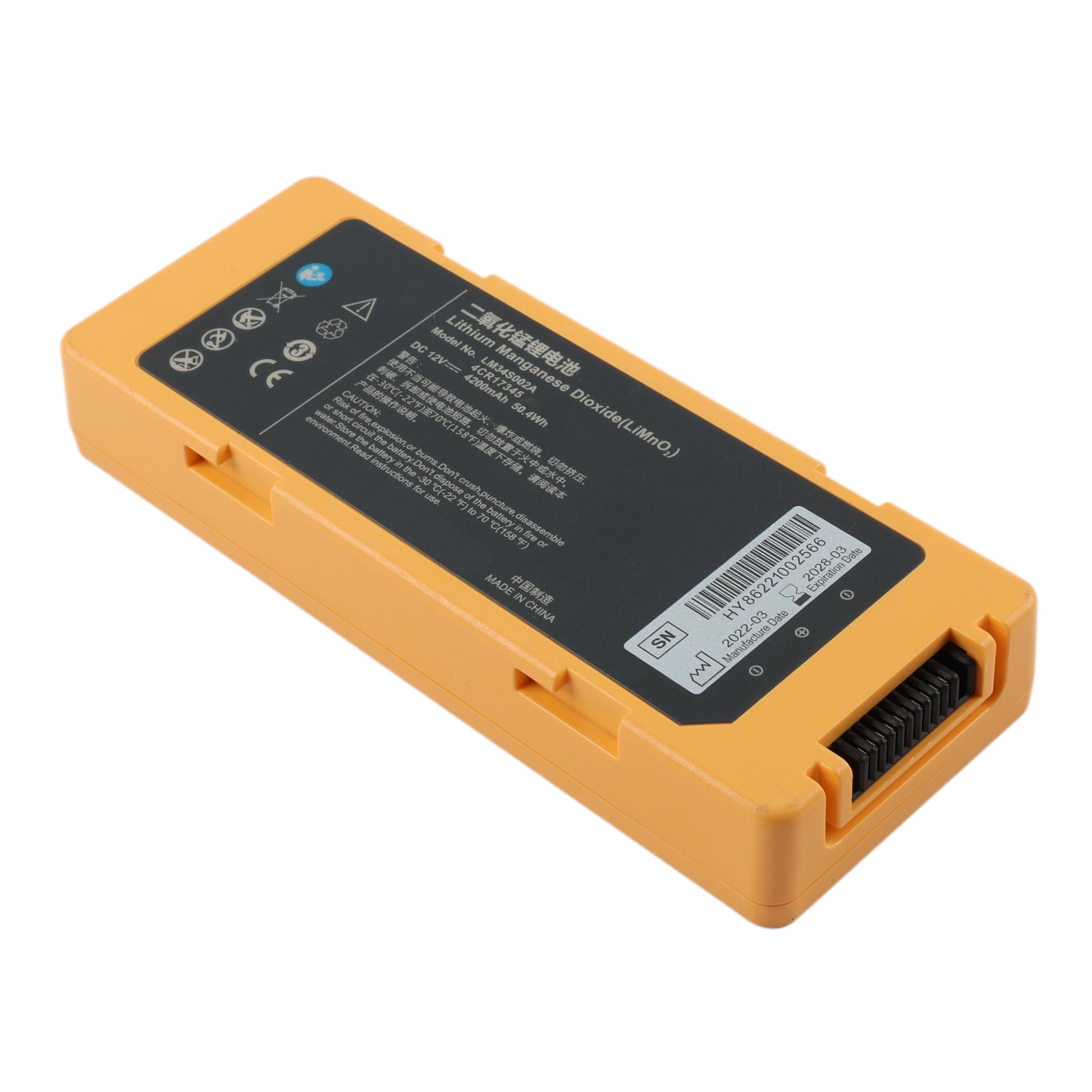 LM34S002A LiMnO2 defibrillator battery 4200mAh 50.4Wh for Mindray AED S1 S2 C1 C2, diagonal view with connector end visible