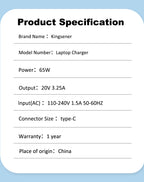 20 В 3,25 А Тип C 65 Вт Зарядное устройство для ноутбука HP, Lenovo, Dell, Acer, ASUS Адаптер питания Зарядное устройство для ноутбука