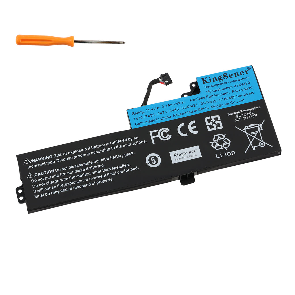 01AV420 battery for Lenovo ThinkPad T470 A485 A475 TP25, 11.4V 2.1Ah 24Wh Li-ion, angled left view with orange screwdriver and connector cable