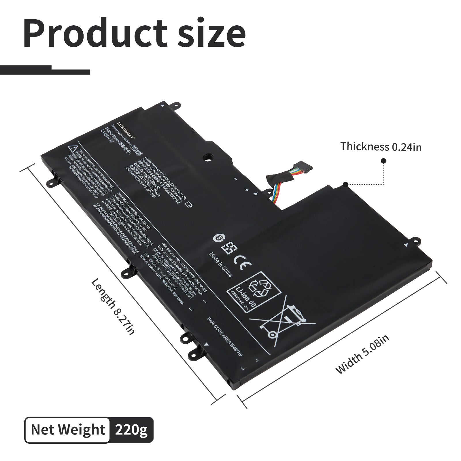 L14S4P72 Lenovo Yoga battery dimensions 8.27 x 5.08 x 0.24 inches, net weight 220g, size diagram