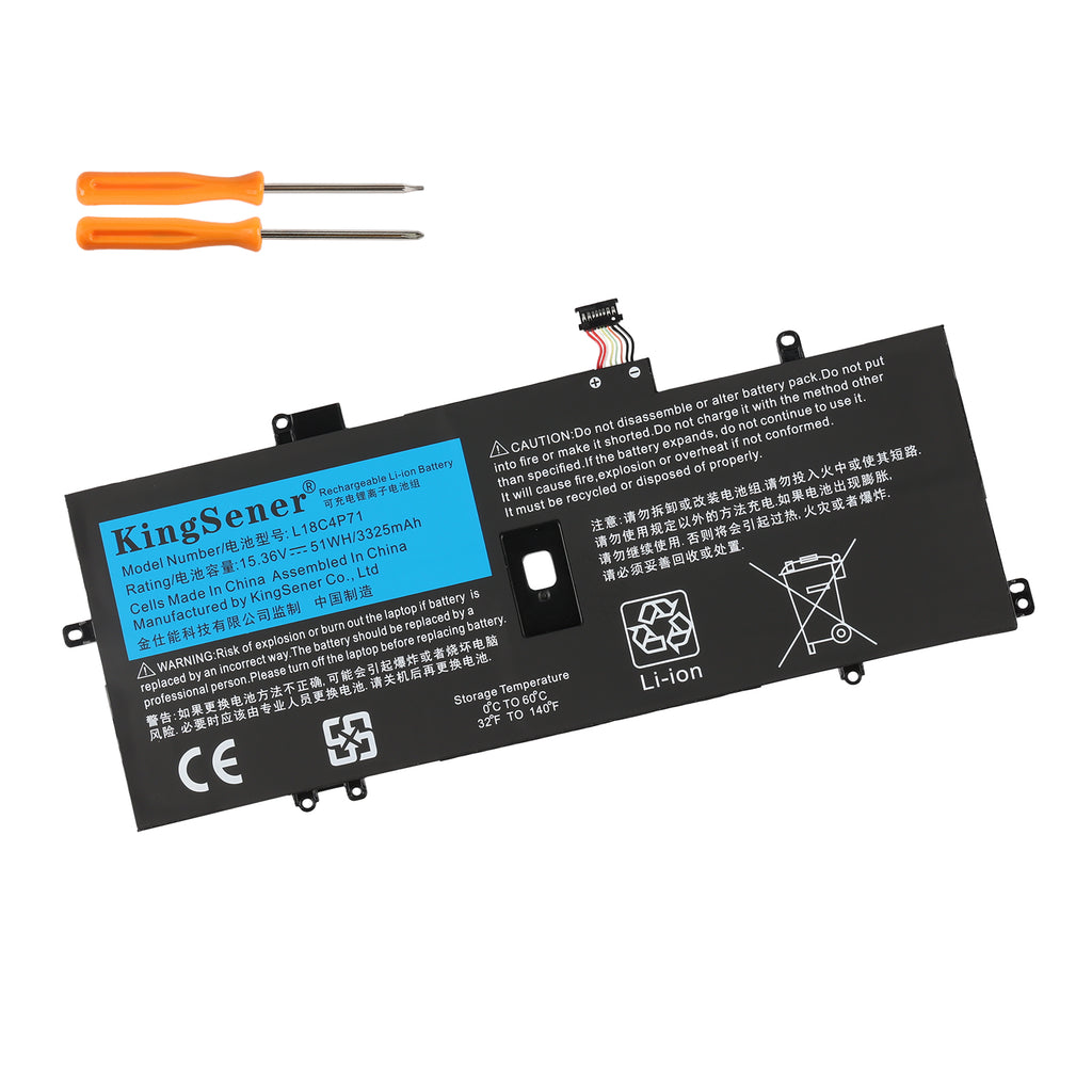 L18C4P71 laptop battery for Lenovo ThinkPad X1 Yoga, 15.4V 47.74WH, with two orange screwdrivers and black rectangular casing.
