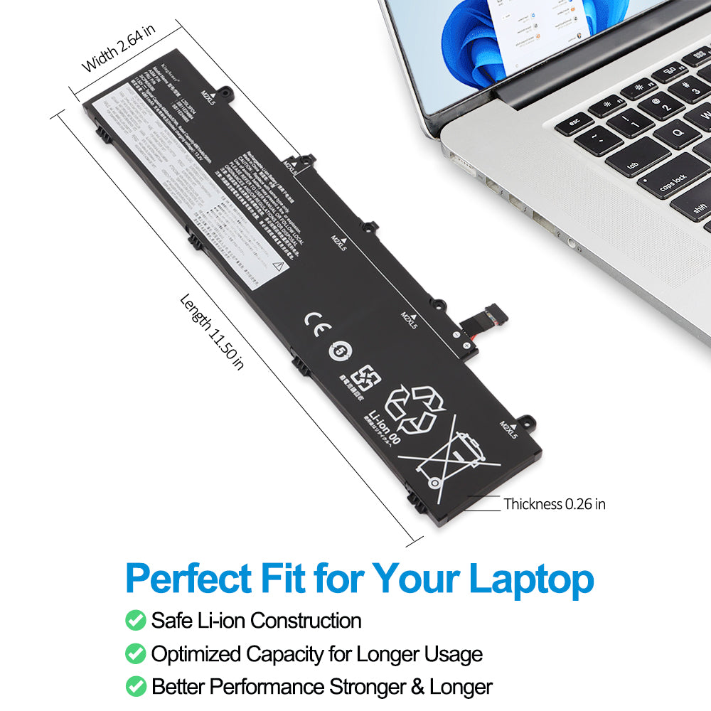 L20L3PD4 battery dimensions showing length 11.50 in, width 2.64 in, thickness 0.26 in