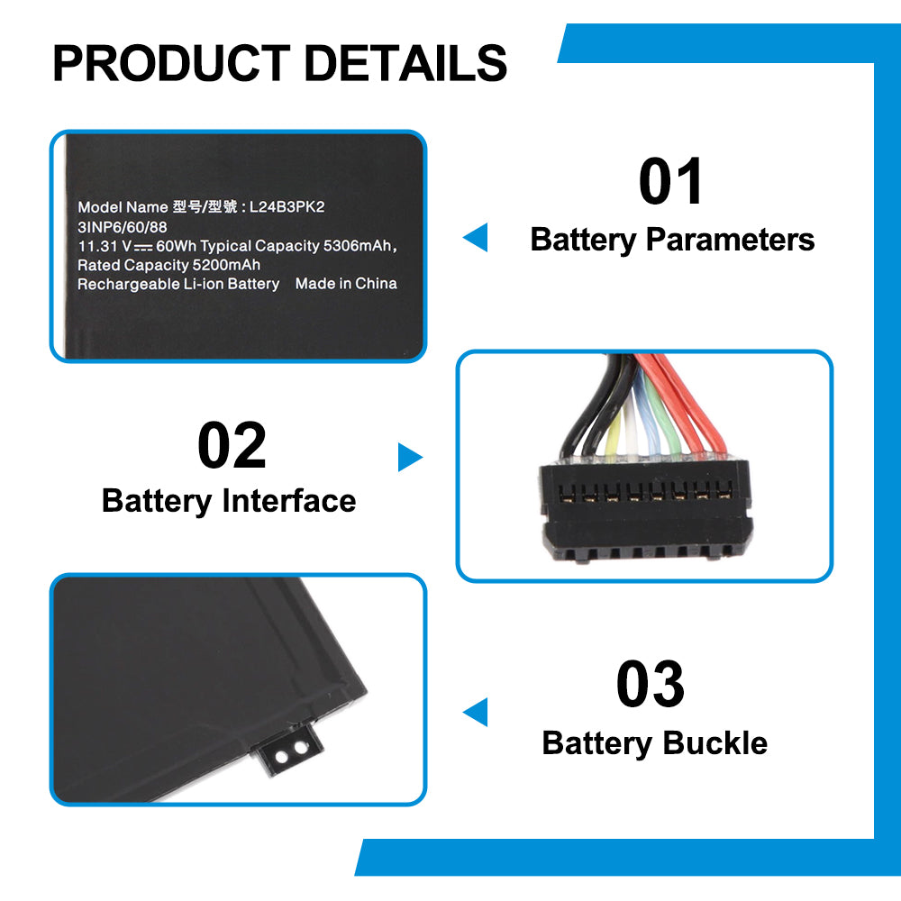 L24B3PK2 battery details showing 11.31V 60Wh spec label, multi-pin connector interface and mounting buckle design