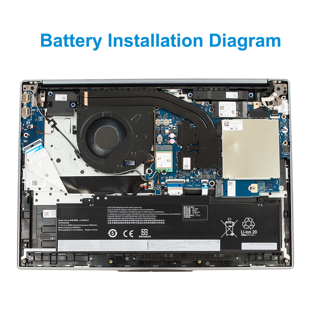 L24B3PK2 battery installation diagram showing exact placement inside Lenovo IdeaPad Slim laptop with internal view