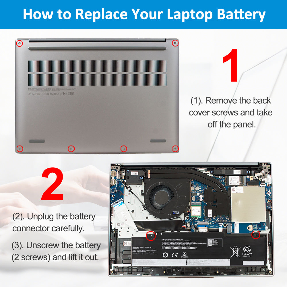 L24B3PK2 battery replacement steps: remove back cover screws, unplug connector, unscrew 2 mounting points and lift out