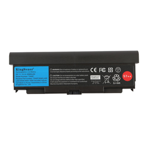 T440P high quality replacement battery for Lenovo ThinkPad T540P W540 W541, 10.8V 100Wh rechargeable Li-ion, front view showing technical labels and brand.