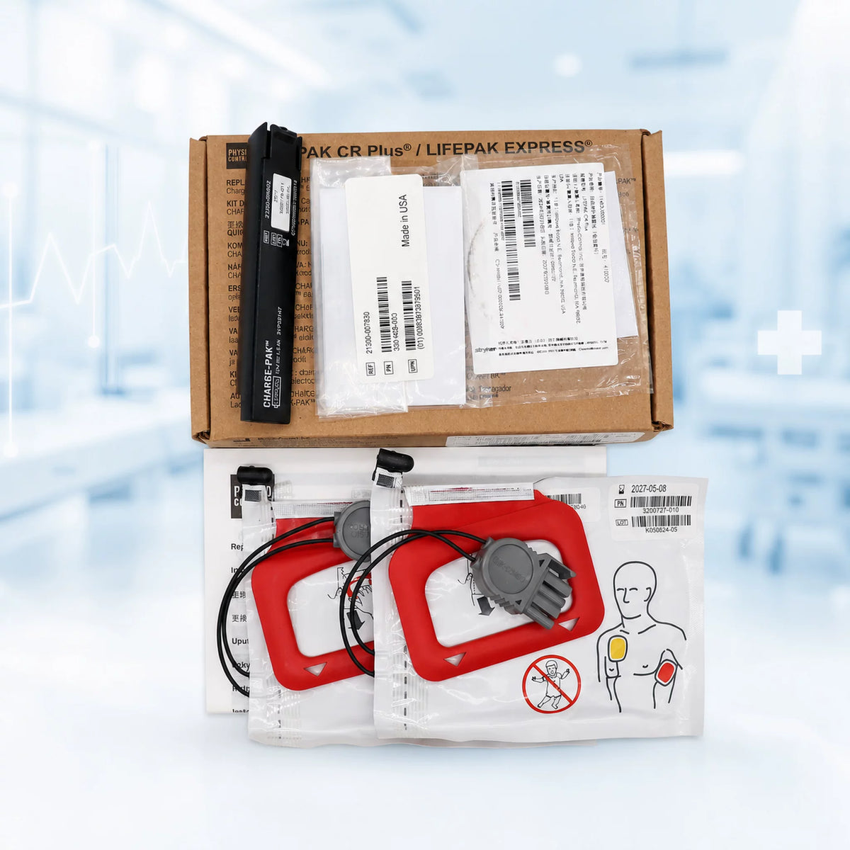 3202176-015 AED Battery and 2 pcs Adult Electrode Pads Replacement for Physio-Control LIFEPAK CR Plus