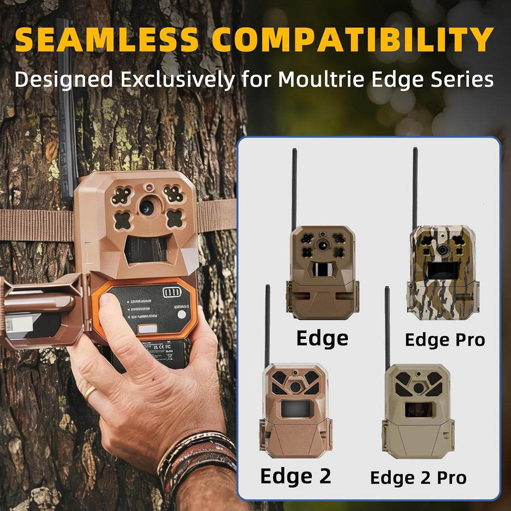 MMA-EM8 battery installed in Moultrie Edge cellular trail camera, compatible with Edge Edge Pro Edge 2 Edge 2 Pro models